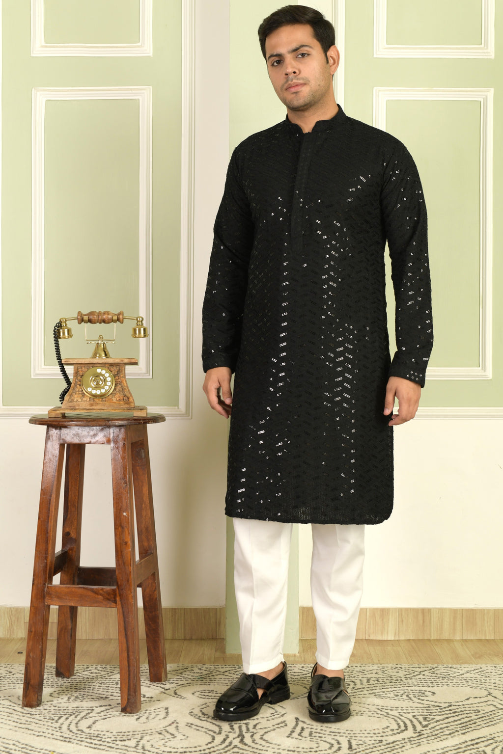 Black Regal Chevron Kurta Set