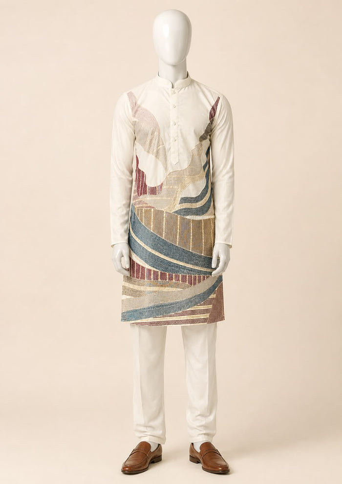 Sea Blue Chevron Embroidered Mandarin Collar Kurta With Pyjamas