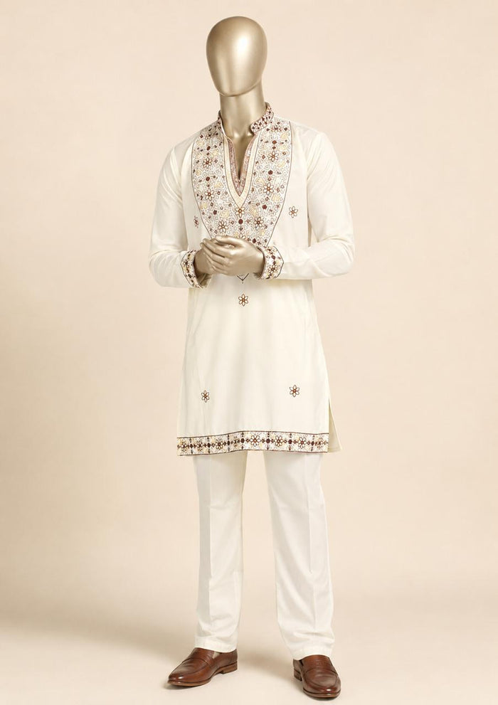 White Embroidered Vneck Collar Kurta With Pant
