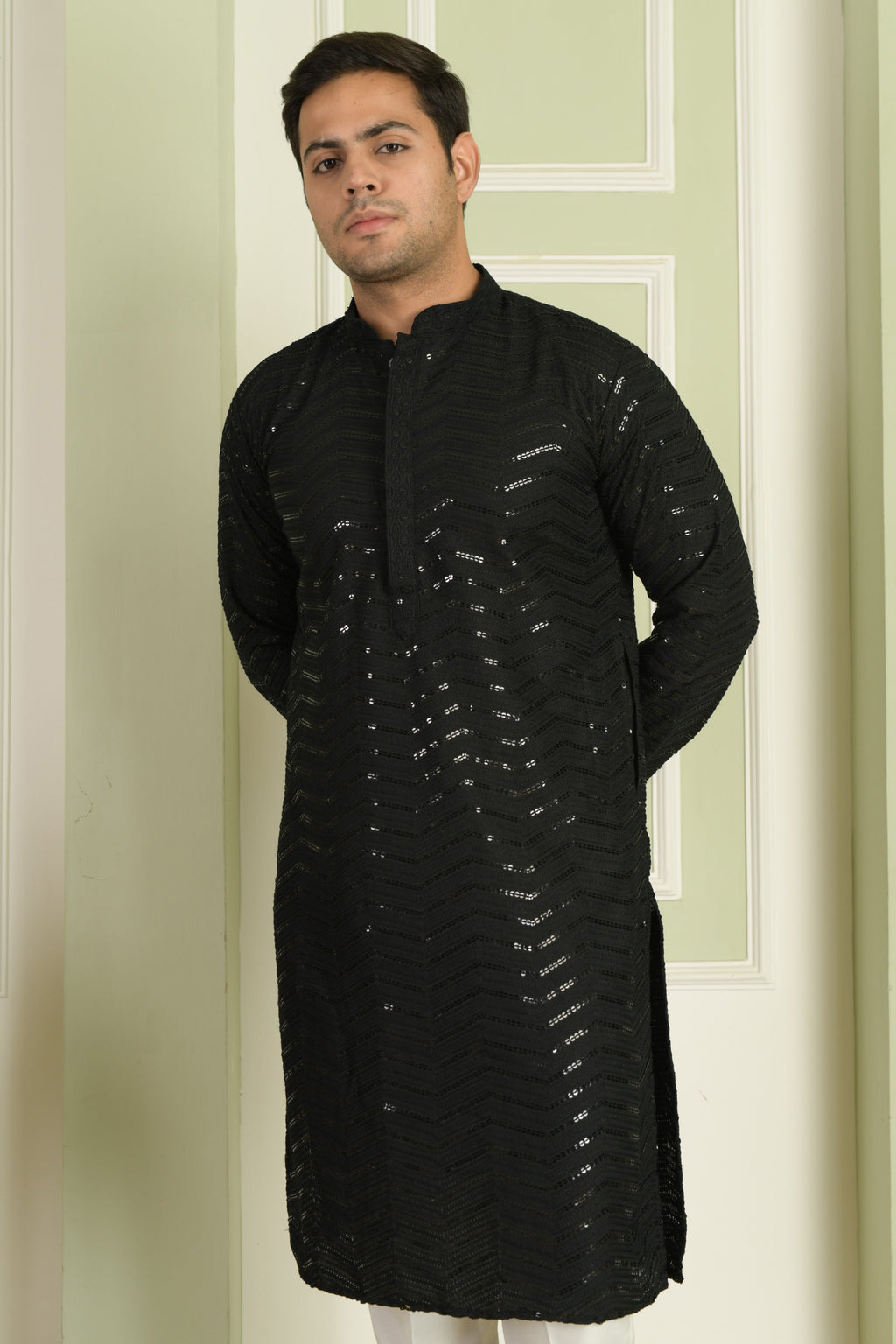 Midnight Black Chevron Embroidered Kurta With Pyjamas