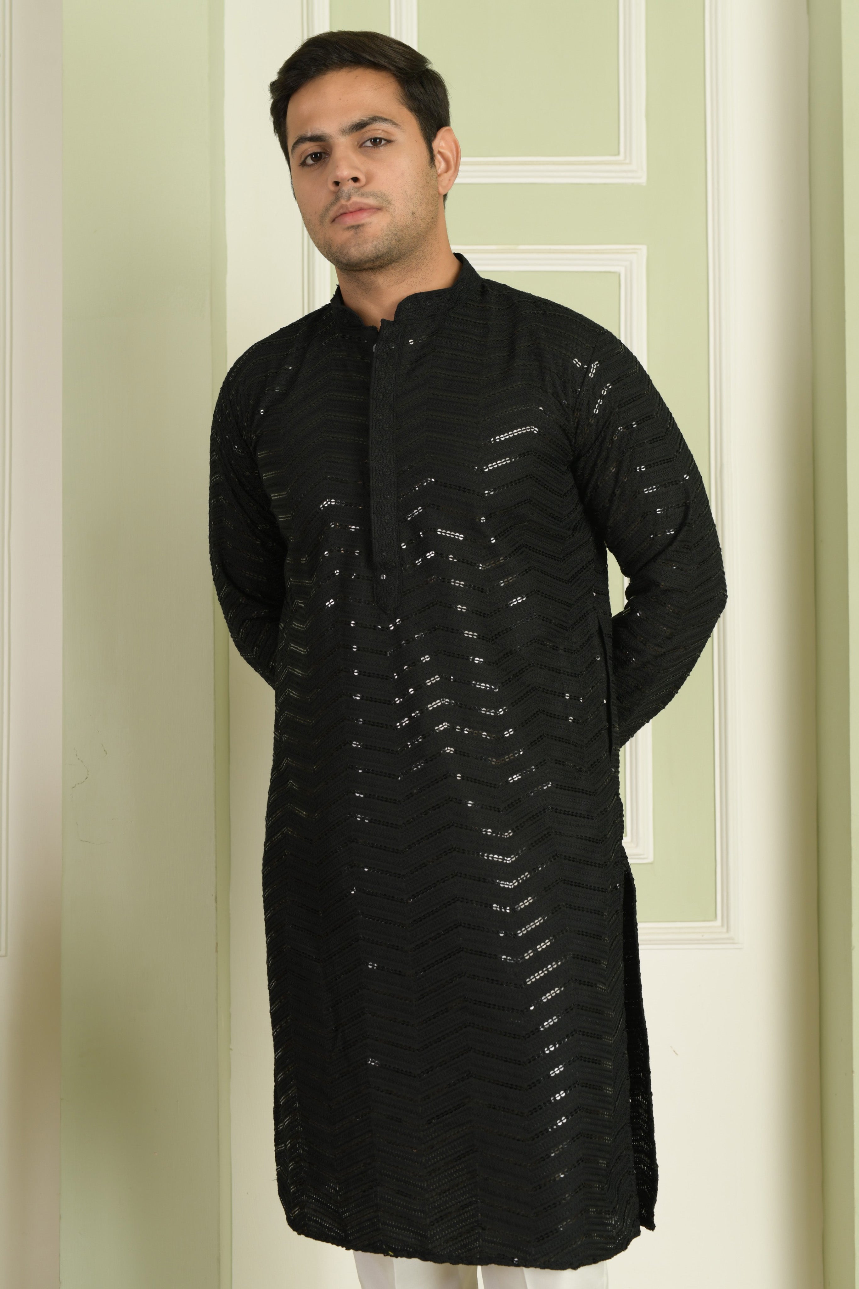 Midnight Black Chevron Embroidered Kurta With Pyjamas