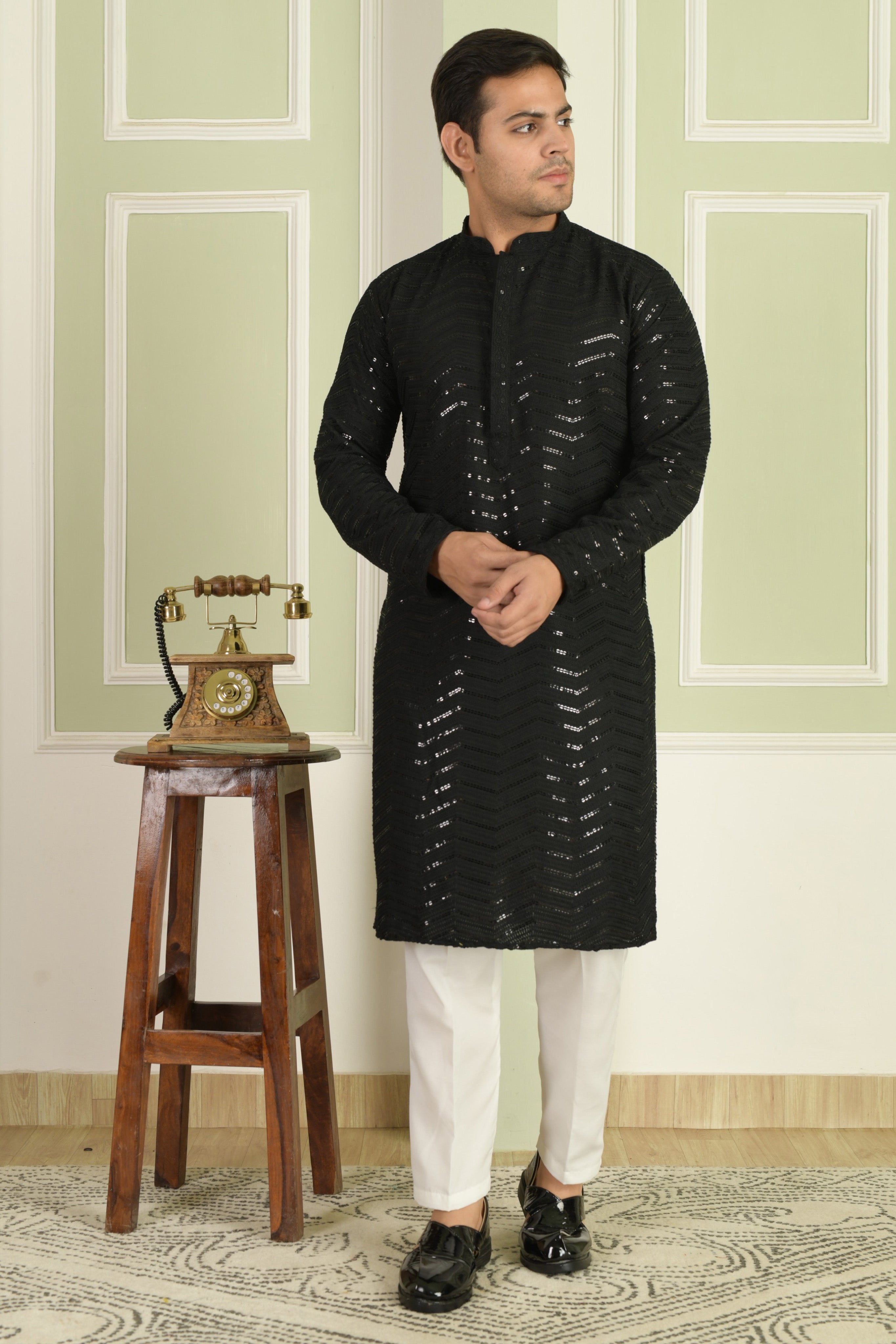 Midnight Black Chevron Embroidered Kurta With Pyjamas
