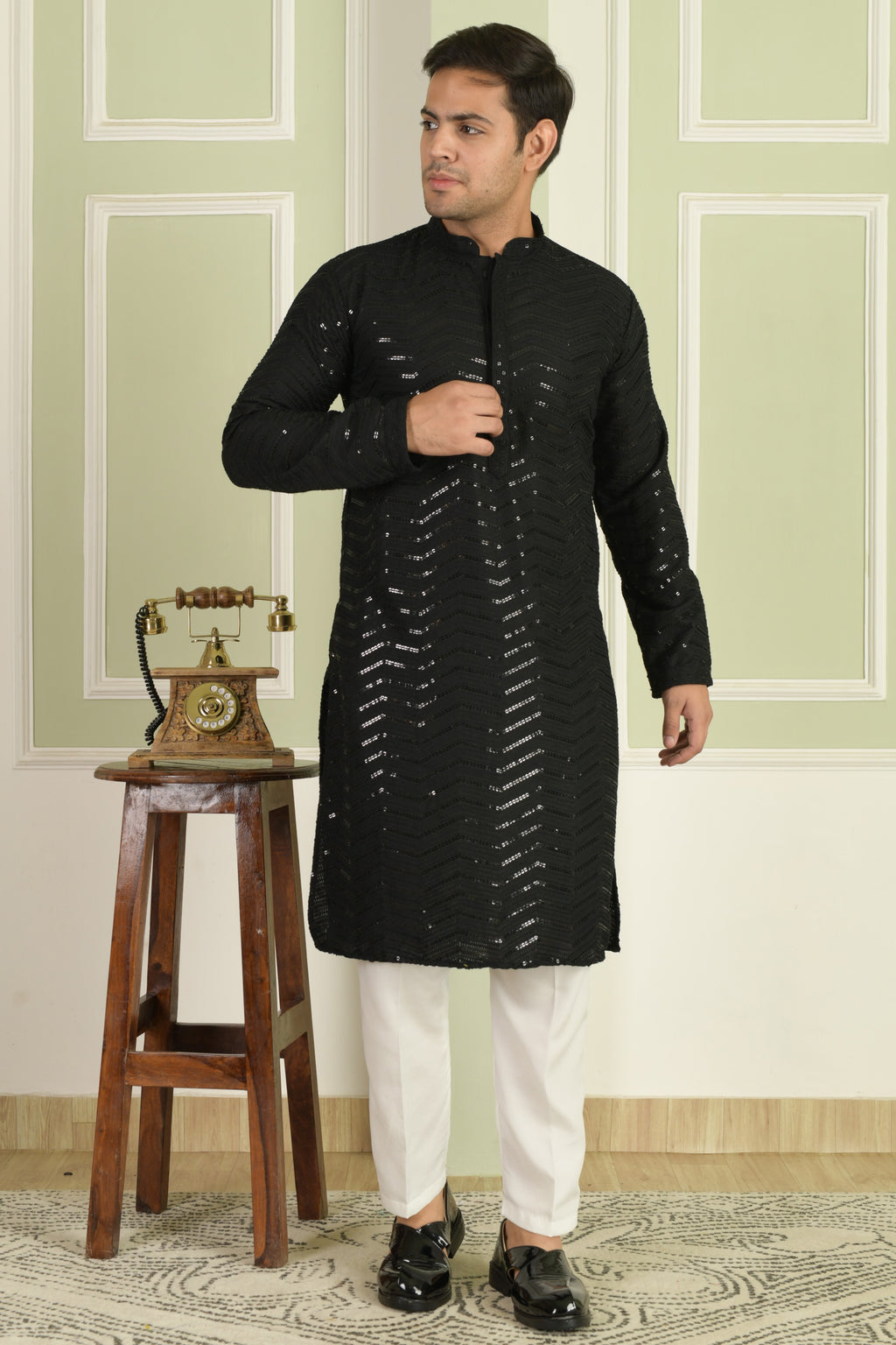 Midnight Black Chevron Embroidered Kurta With Pyjamas