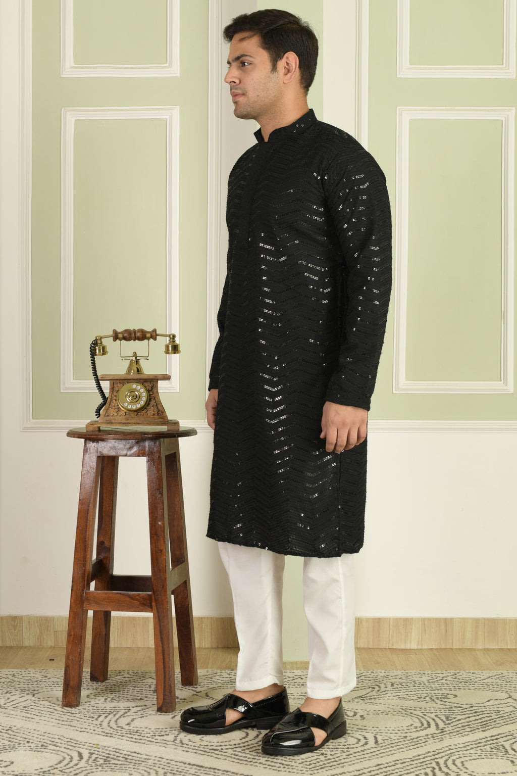 Midnight Black Chevron Embroidered Kurta With Pyjamas