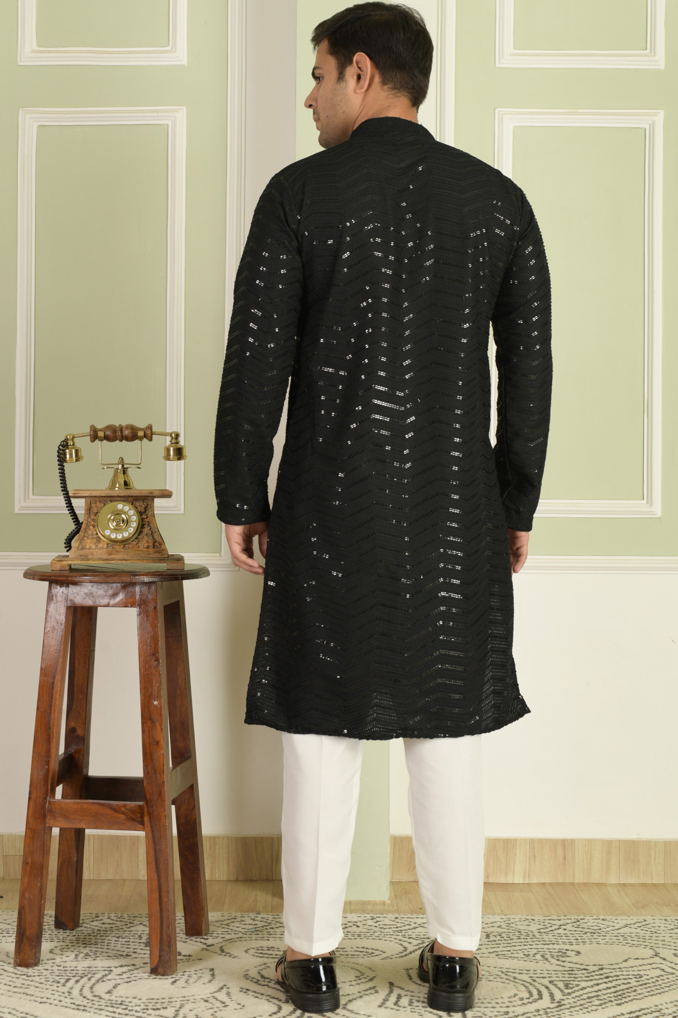 Midnight Black Chevron Embroidered Kurta With Pyjamas