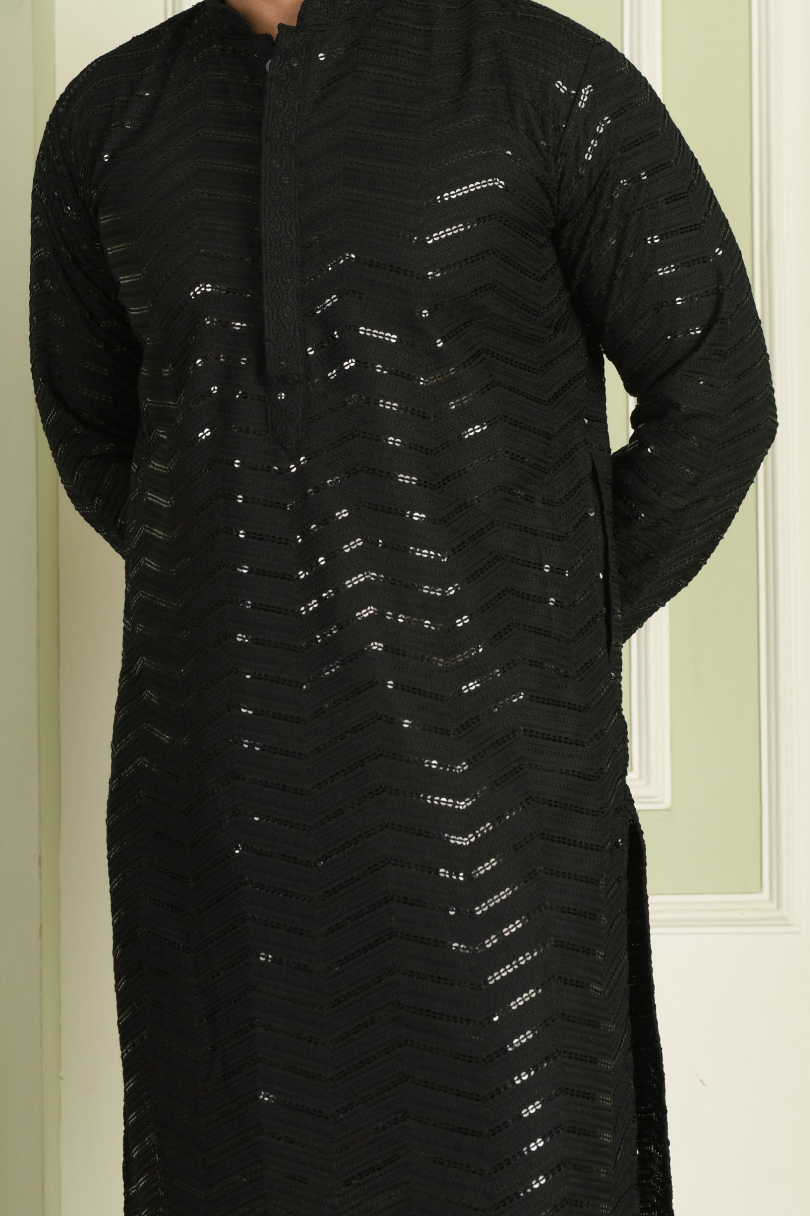 Midnight Black Chevron Embroidered Kurta With Pyjamas
