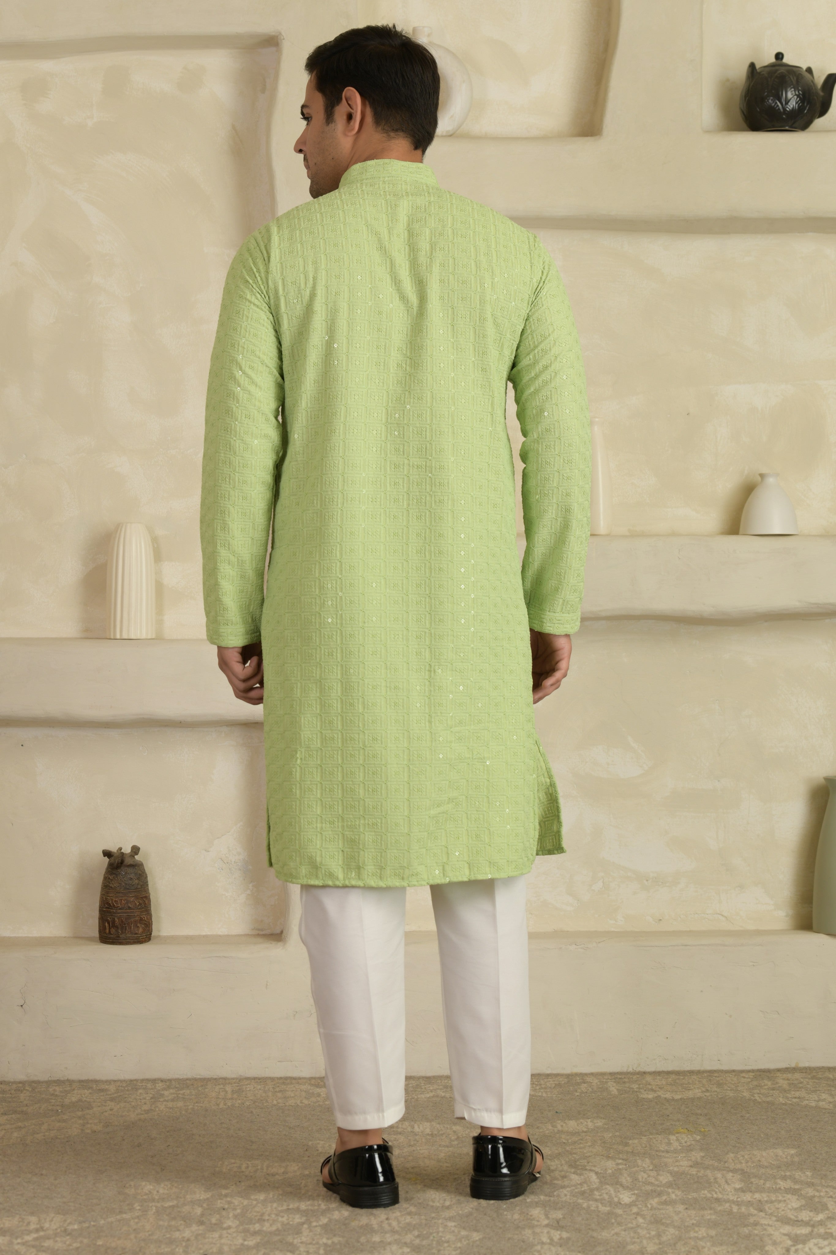 Pastel Green Chevron Embroidered Mandarin Collar Kurta With Pyjamas