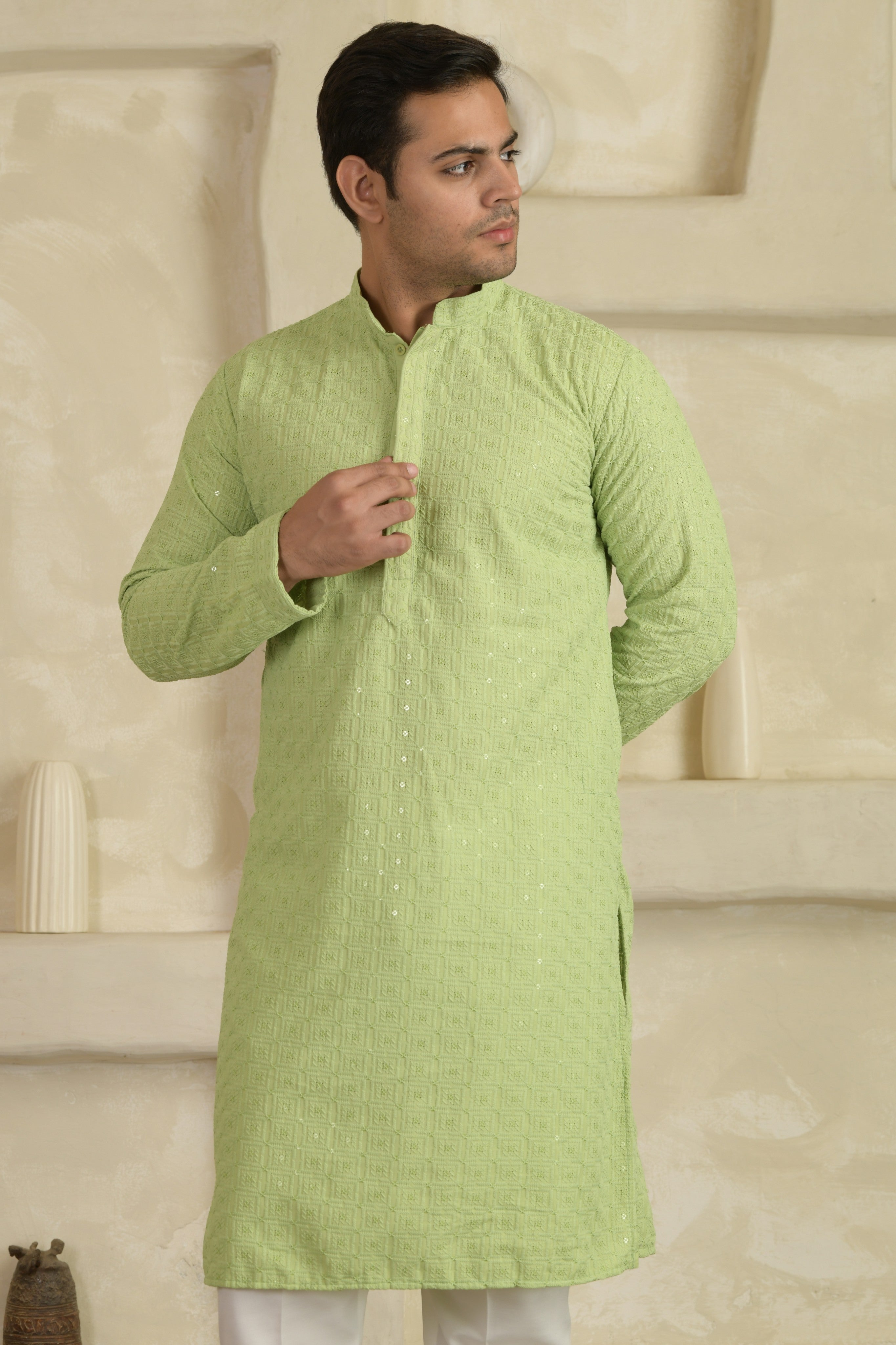 Pastel Green Chevron Embroidered Mandarin Collar Kurta With Pyjamas