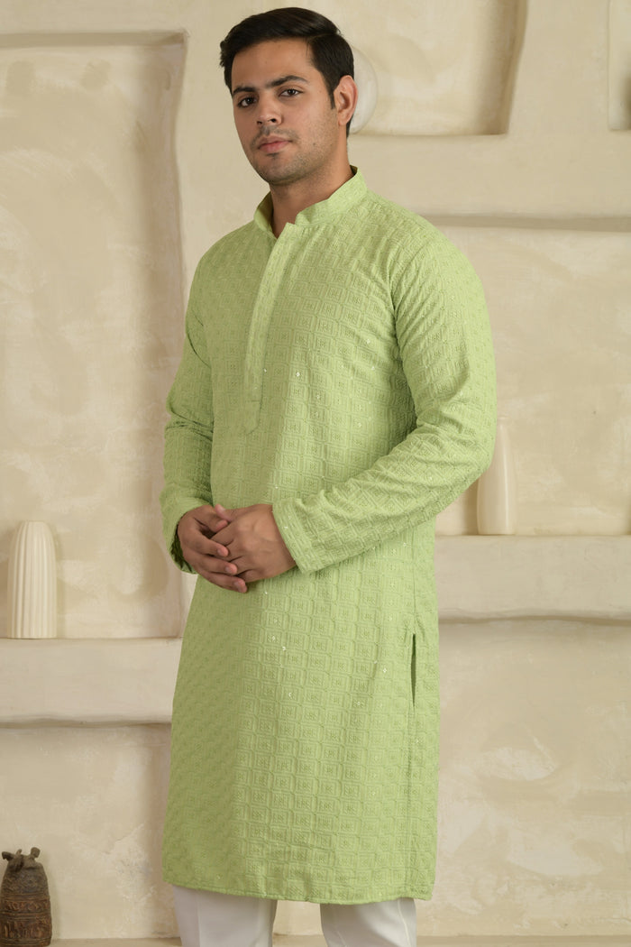 Pastel Green Chevron Embroidered Mandarin Collar Kurta With Pyjamas