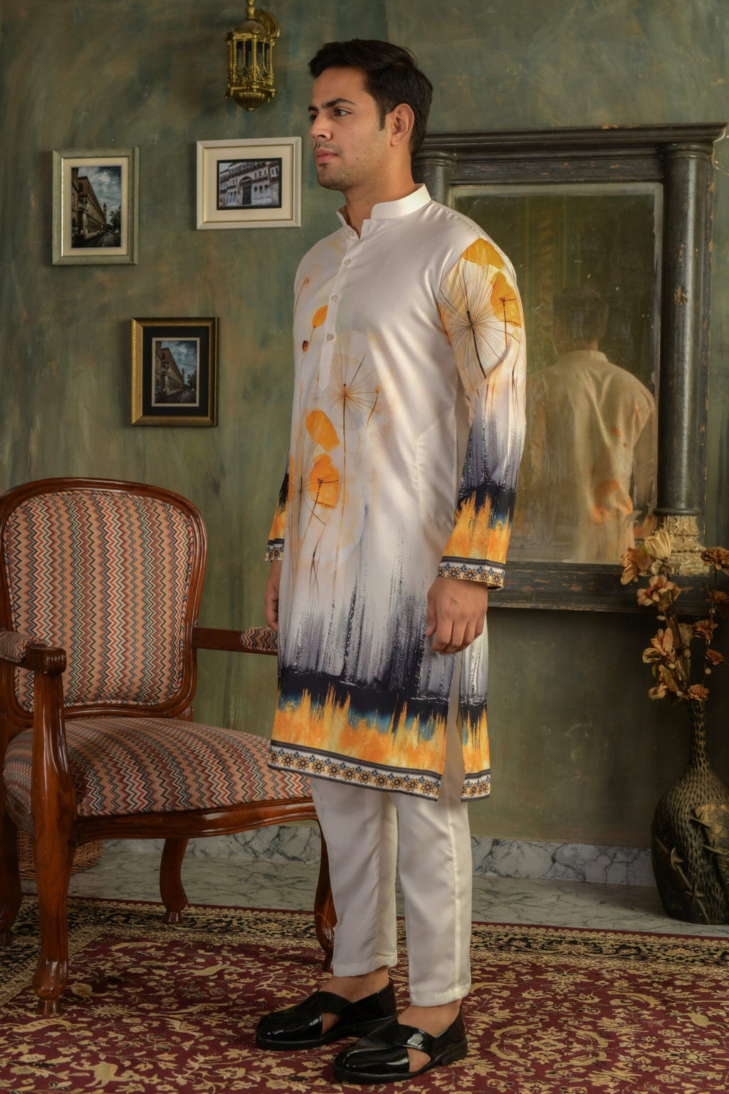 Golden Abstract Printed Cotton-Rayon Kurta