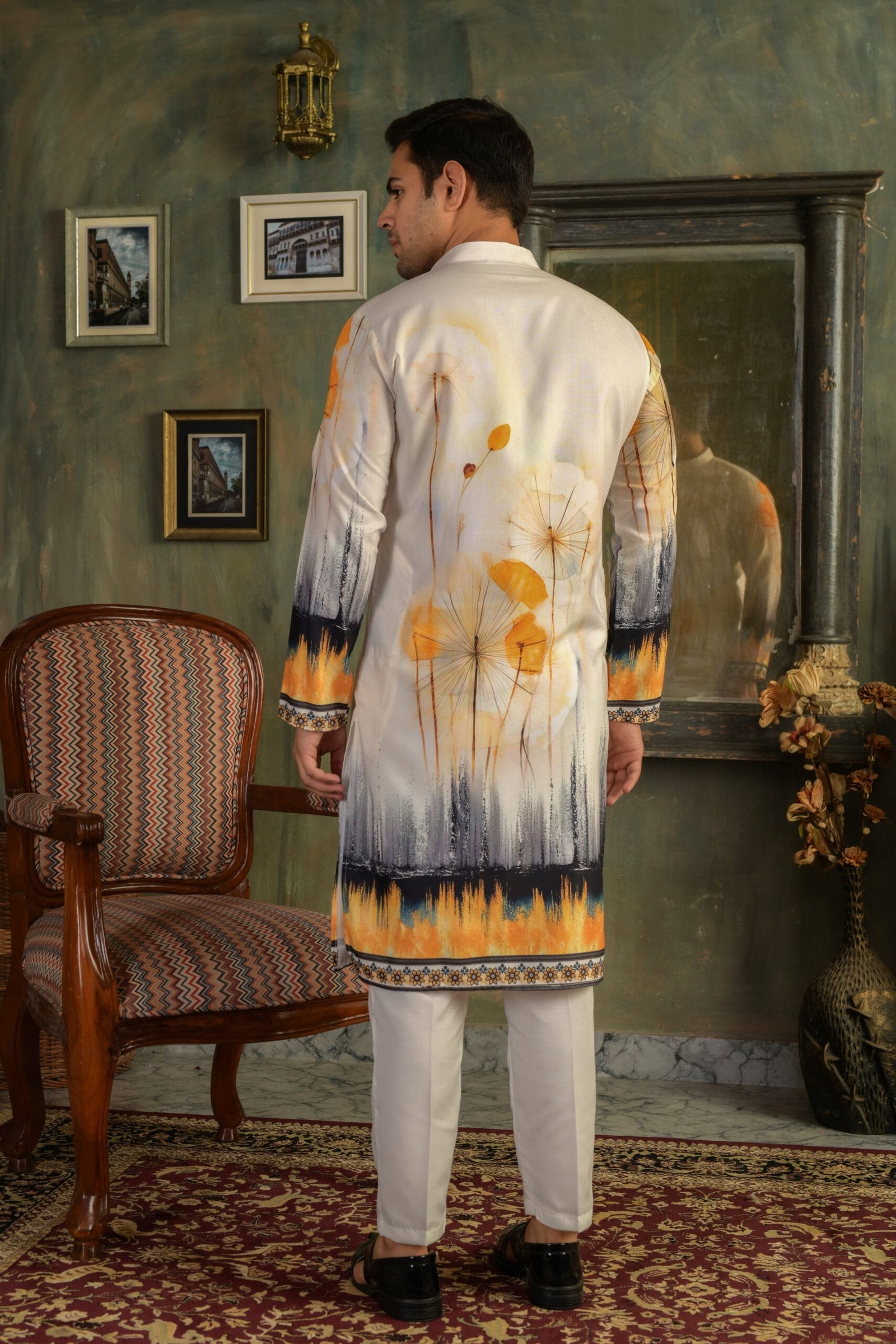 Golden Abstract Printed Cotton-Rayon Kurta