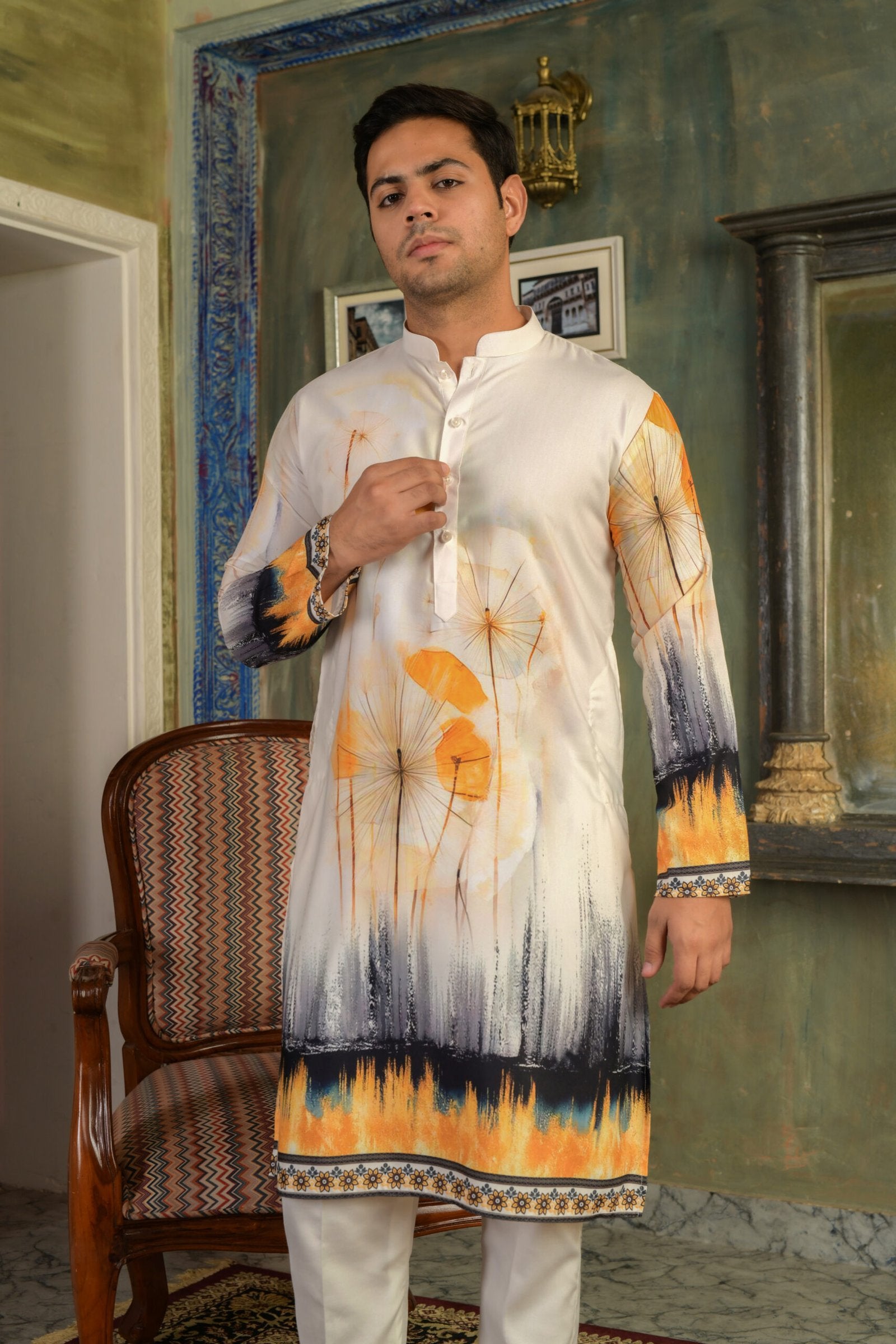 Golden Abstract Printed Cotton-Rayon Kurta