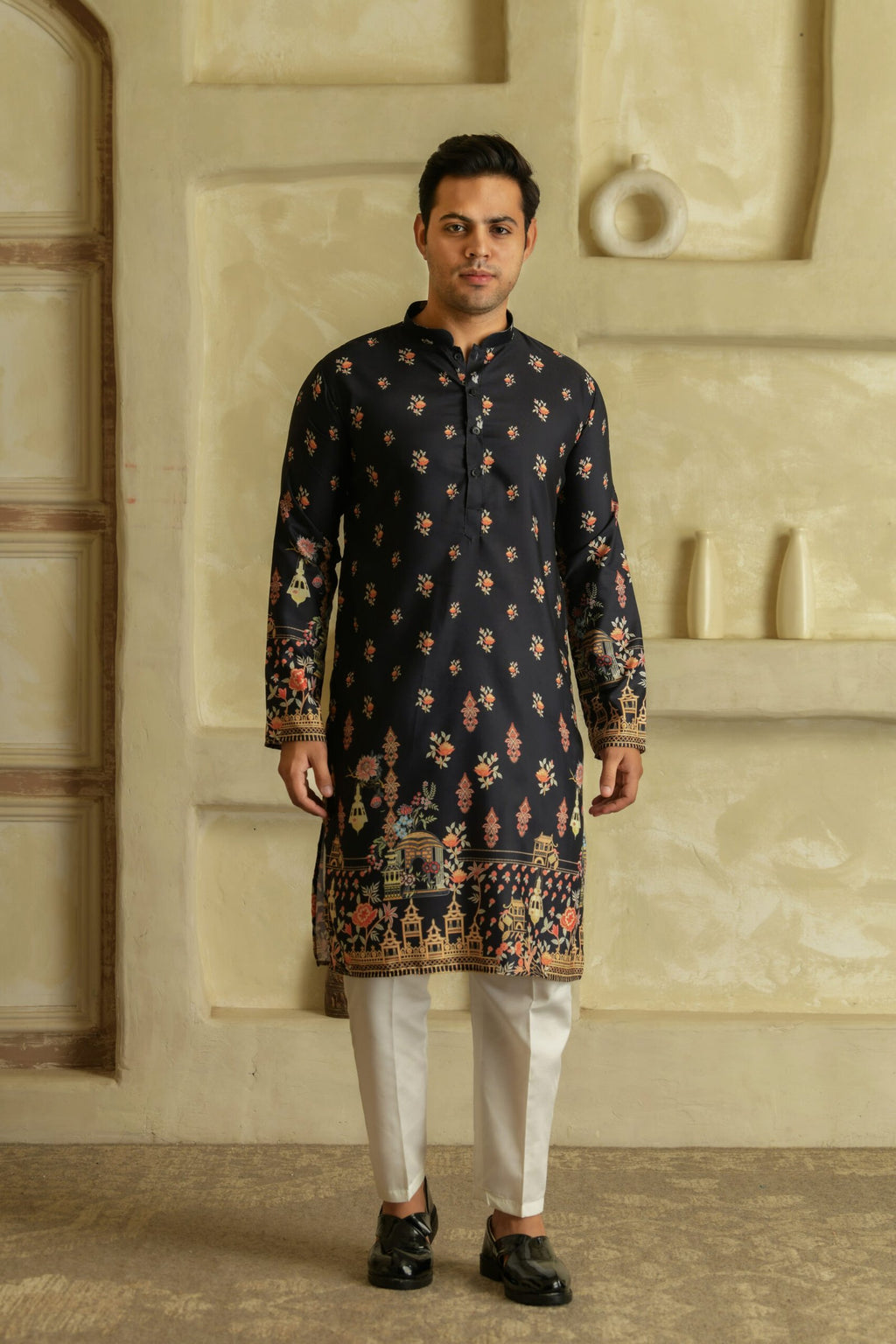 Floral Printed Mandarin Collar Straight Kurta