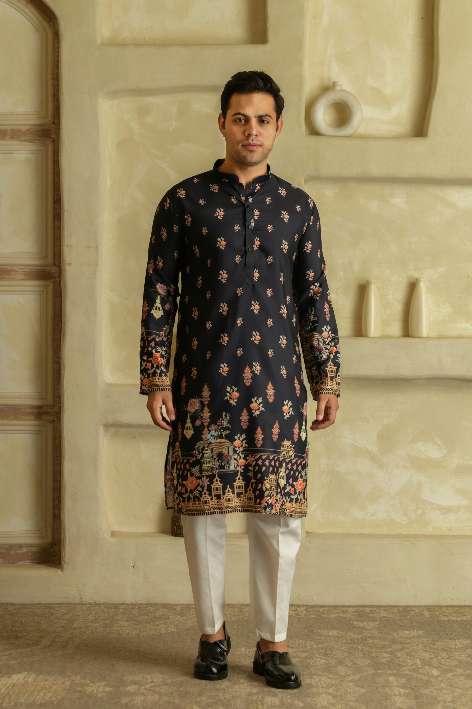 Floral Printed Mandarin Collar Straight Kurta