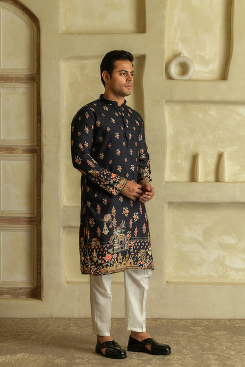 Floral Printed Mandarin Collar Straight Kurta