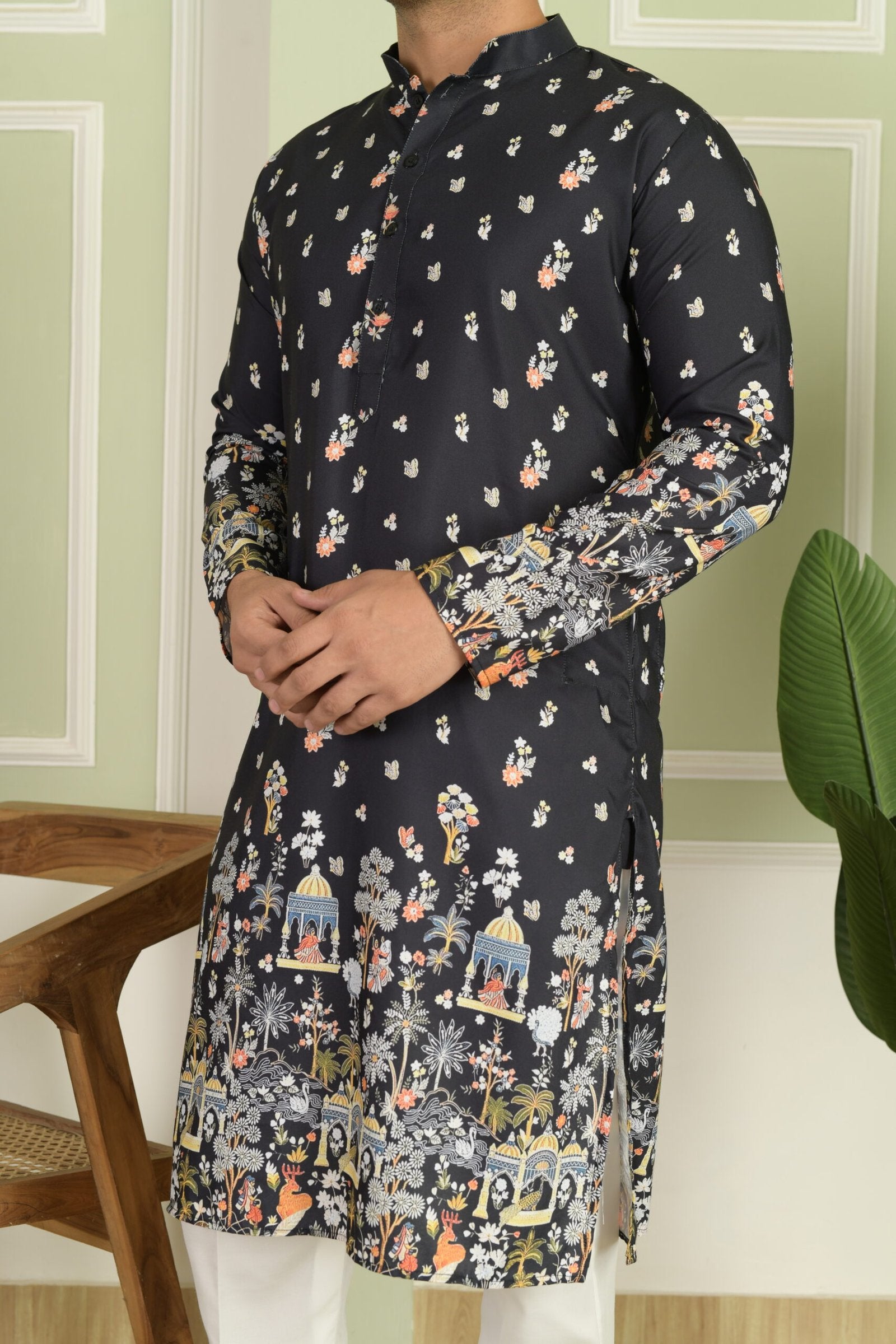 Men Floral Printed Mandarin Collar Kurta
