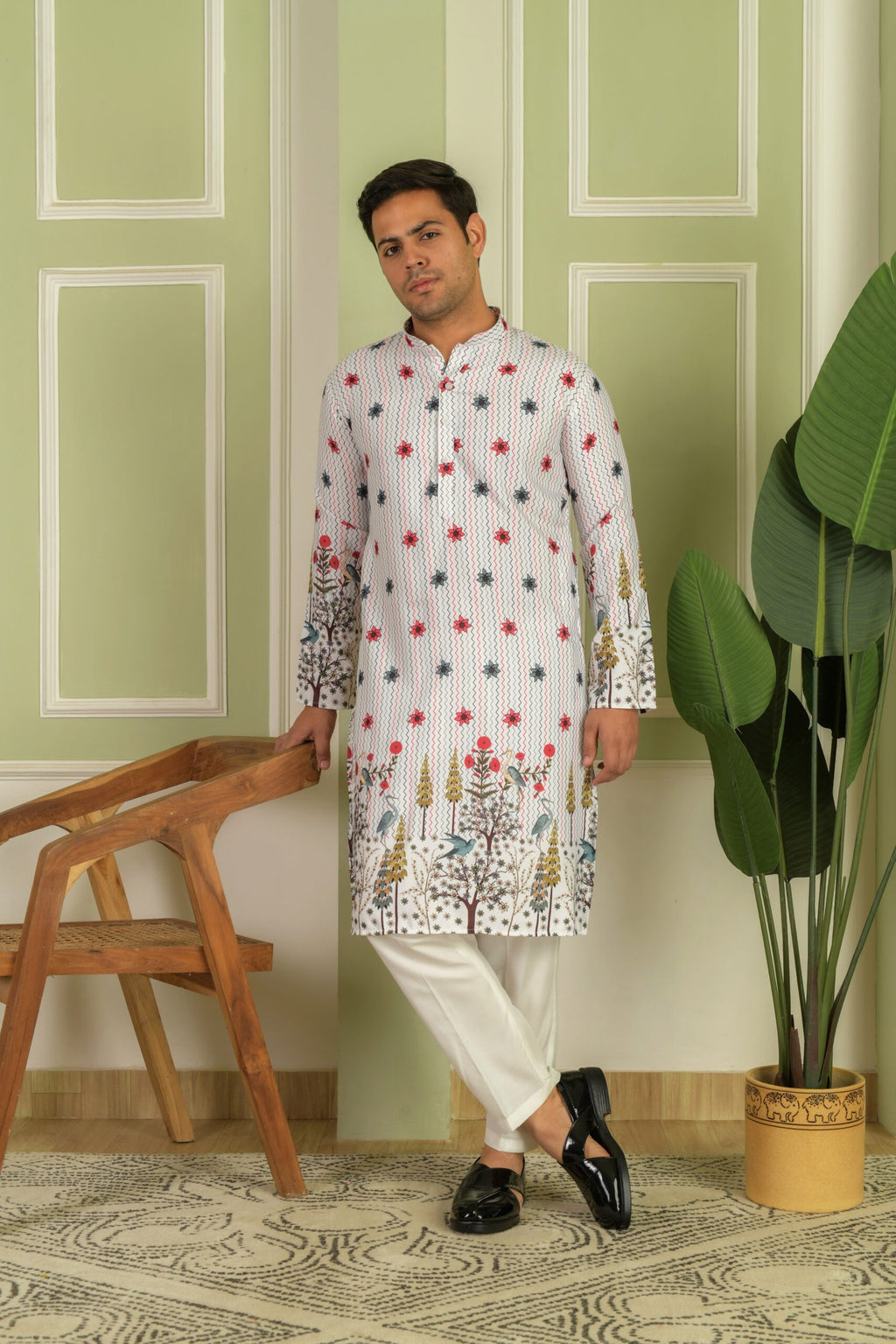 Floral Printed Mandarin Collar Straight Kurta