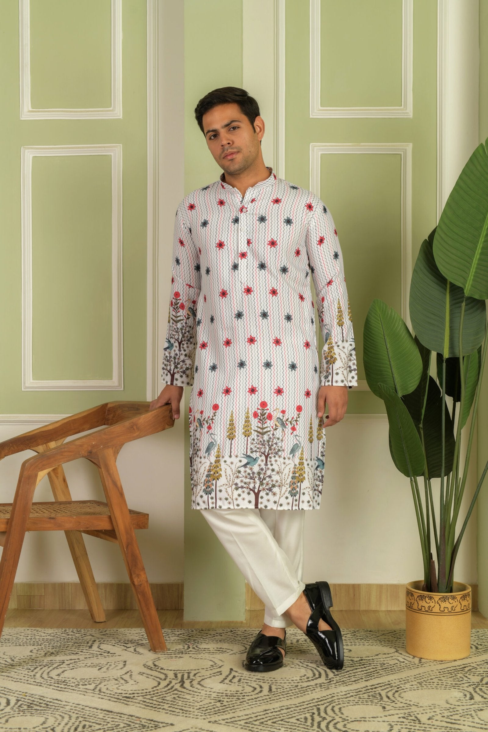 Floral Printed Mandarin Collar Straight Kurta