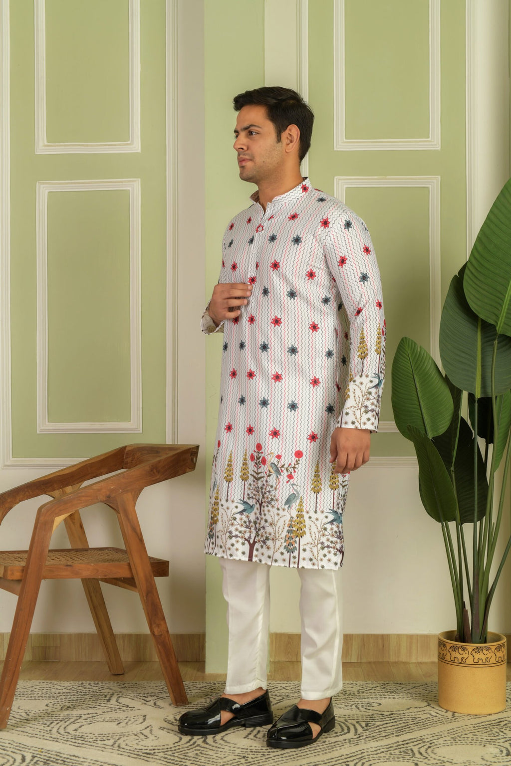 Floral Printed Mandarin Collar Straight Kurta