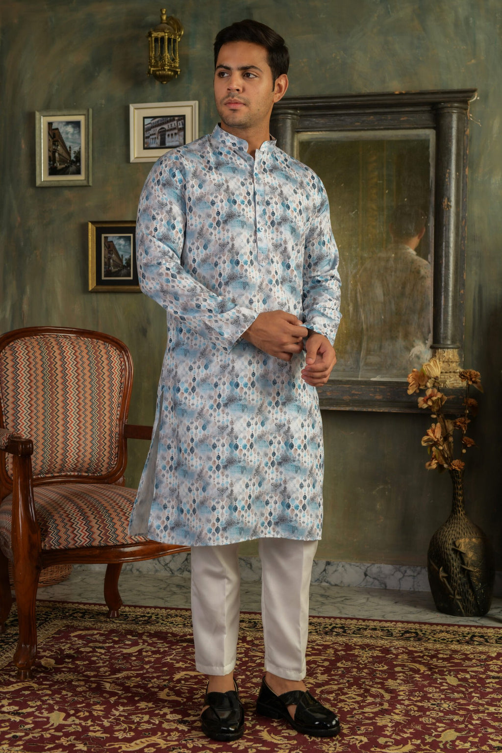 Men Geometric Printed Mandarin Collar Straight Kurta