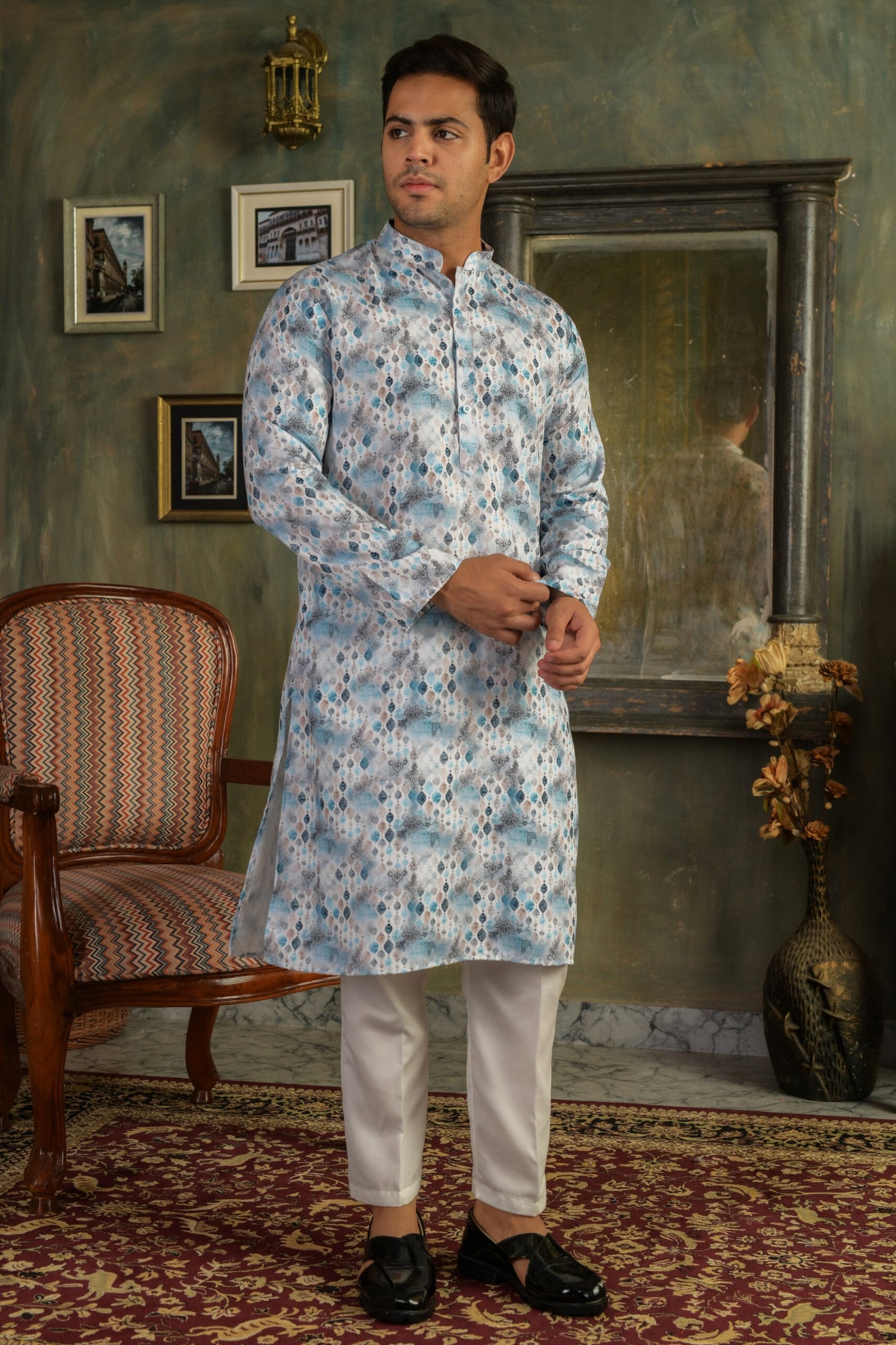 Men Geometric Printed Mandarin Collar Straight Kurta