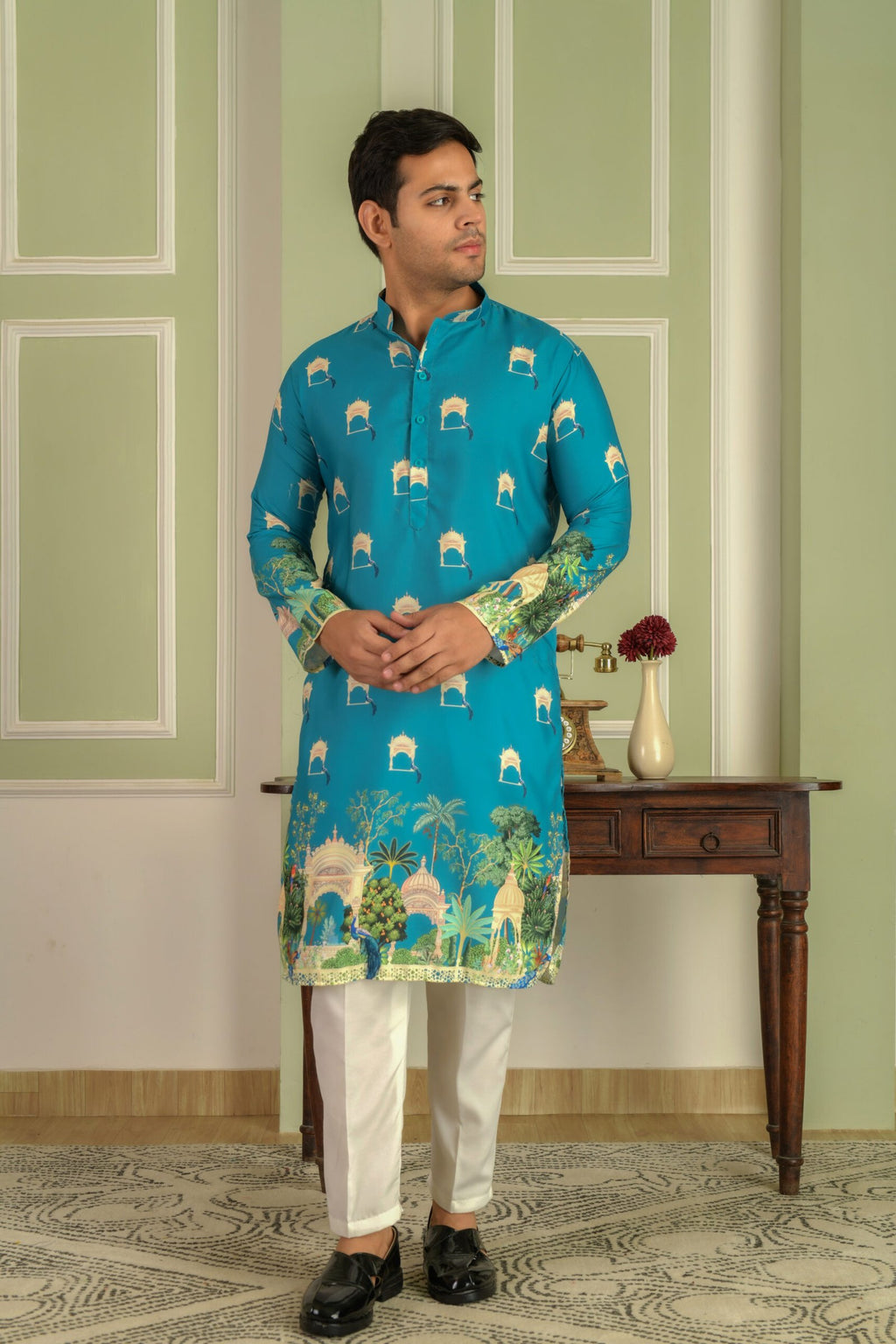 Floral Printed Mandarin Collar Straight Kurta