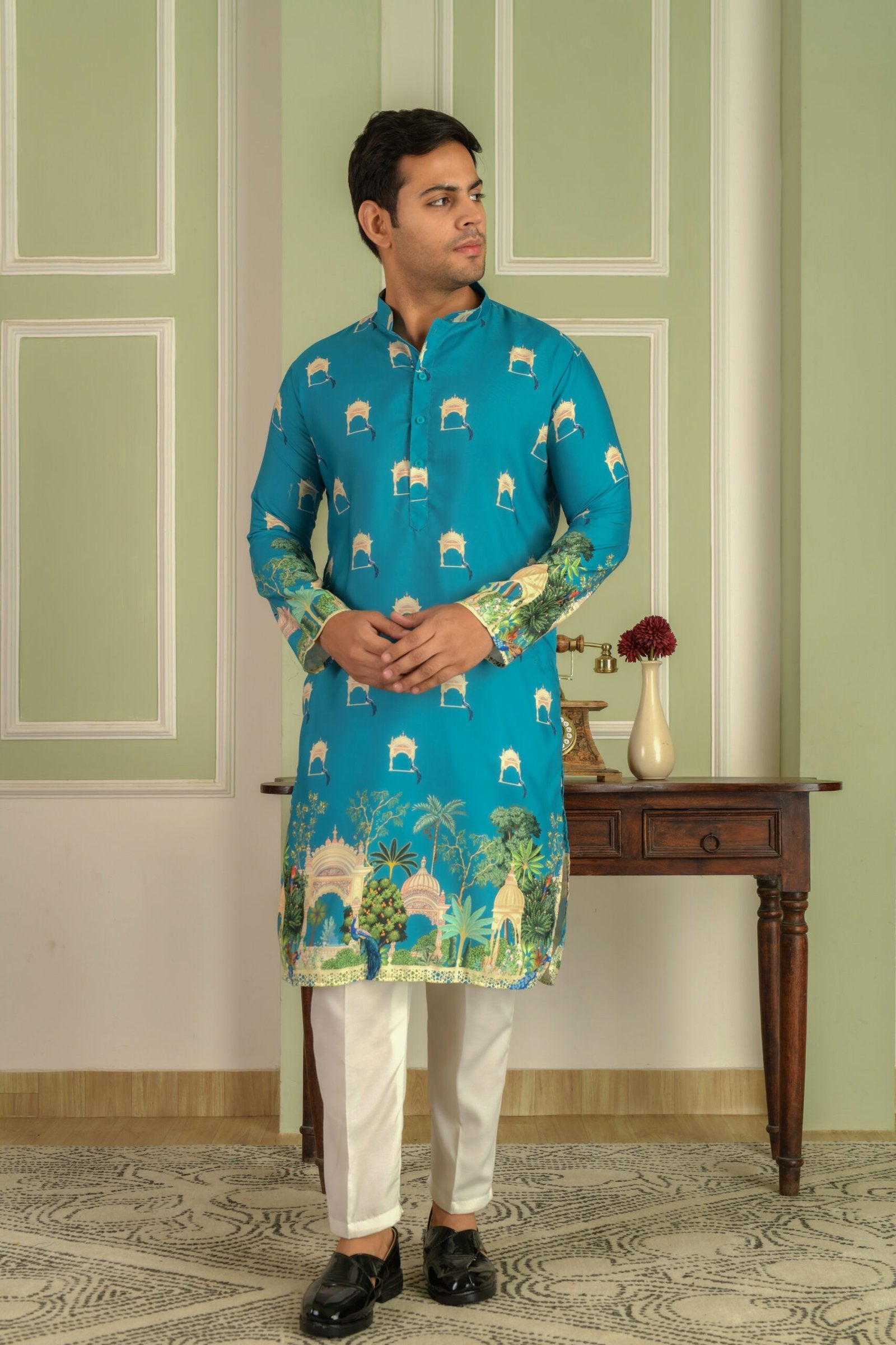 Floral Printed Mandarin Collar Straight Kurta