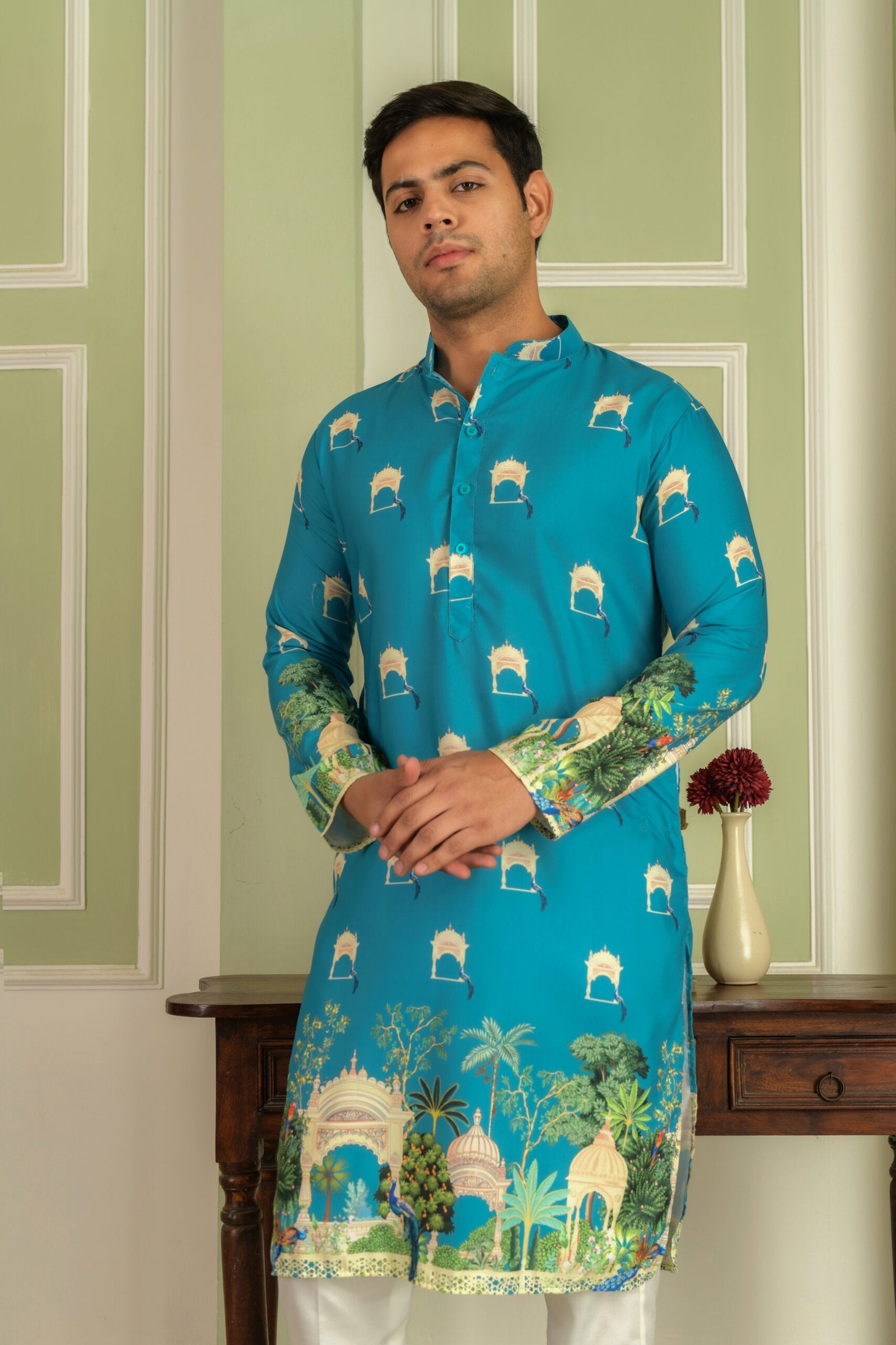 Floral Printed Mandarin Collar Straight Kurta