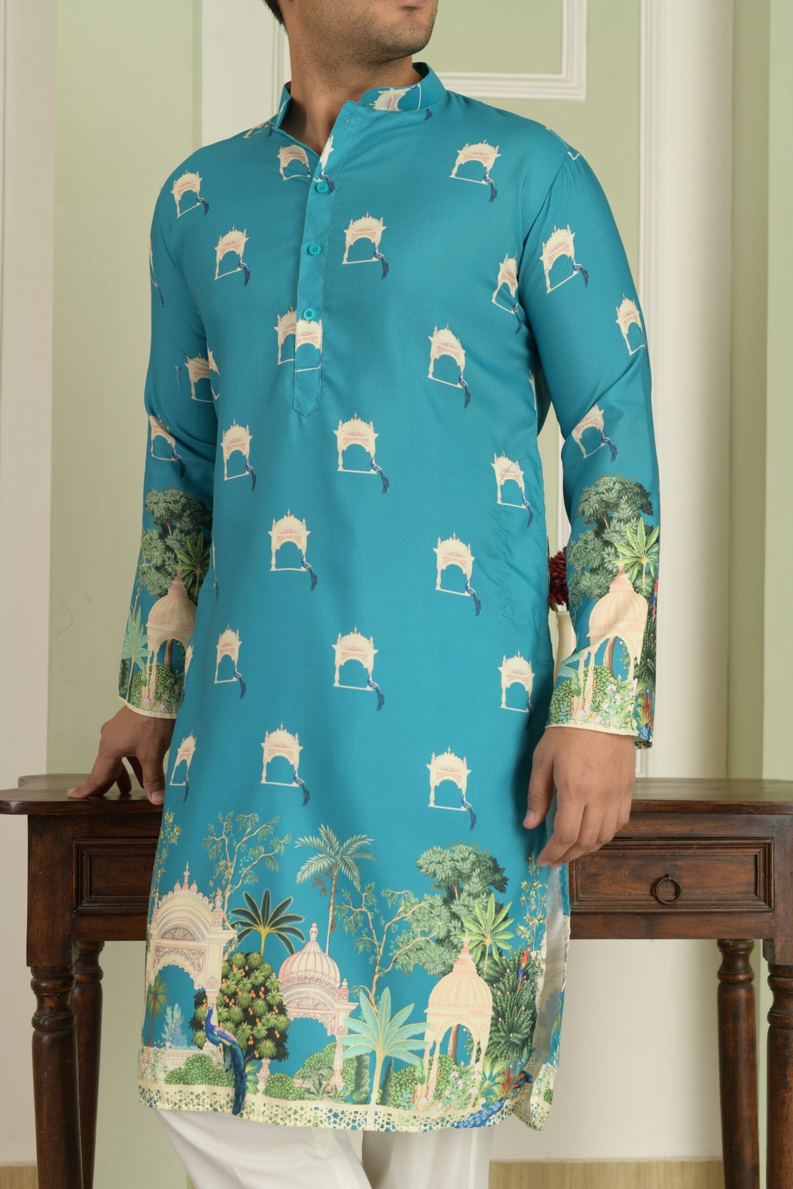 Floral Printed Mandarin Collar Straight Kurta