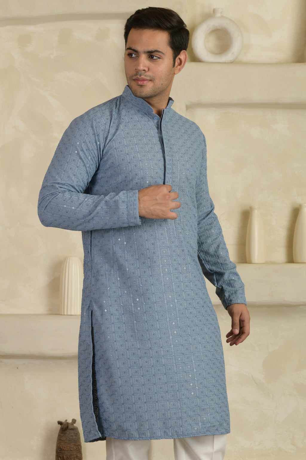 Sea Blue Chevron Embroidered Mandarin Collar Kurta With Pyjamas