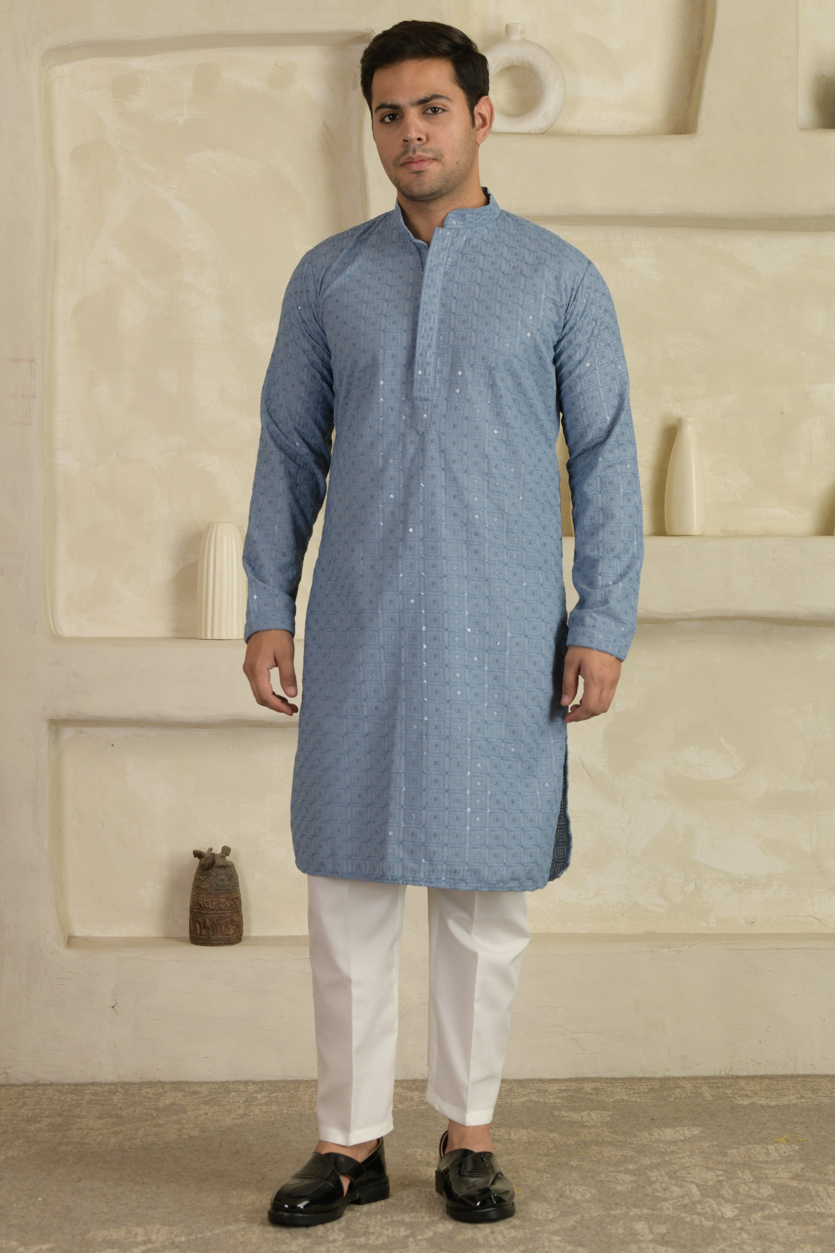 Sea Blue Chevron Embroidered Mandarin Collar Kurta With Pyjamas