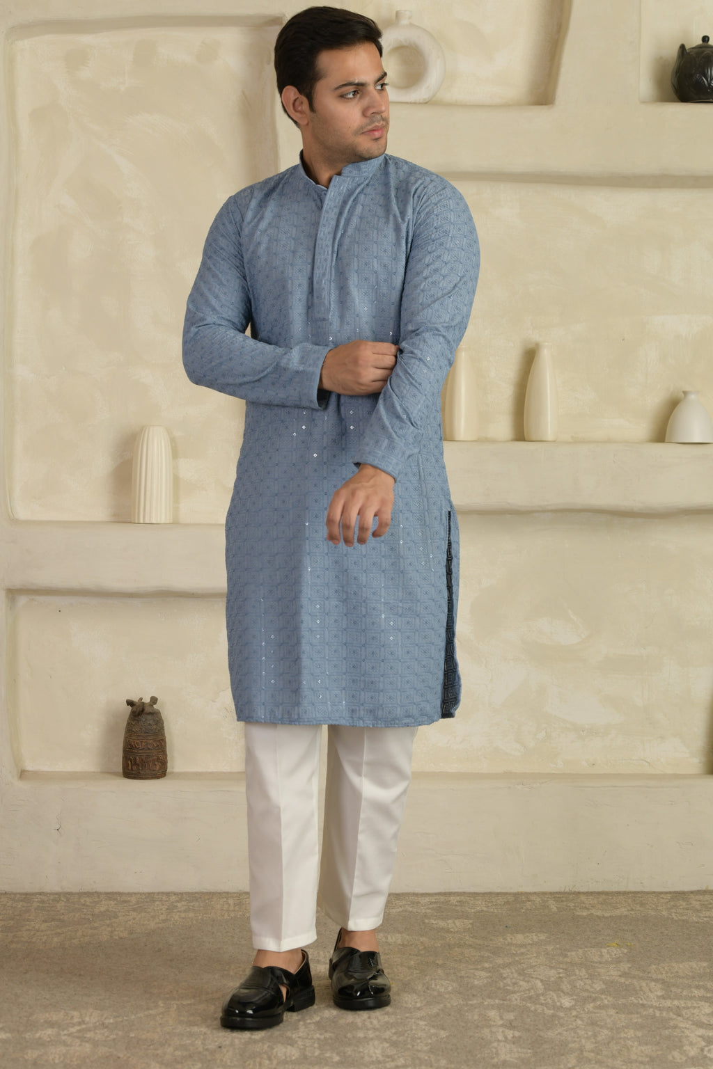 Sea Blue Chevron Embroidered Mandarin Collar Kurta With Pyjamas