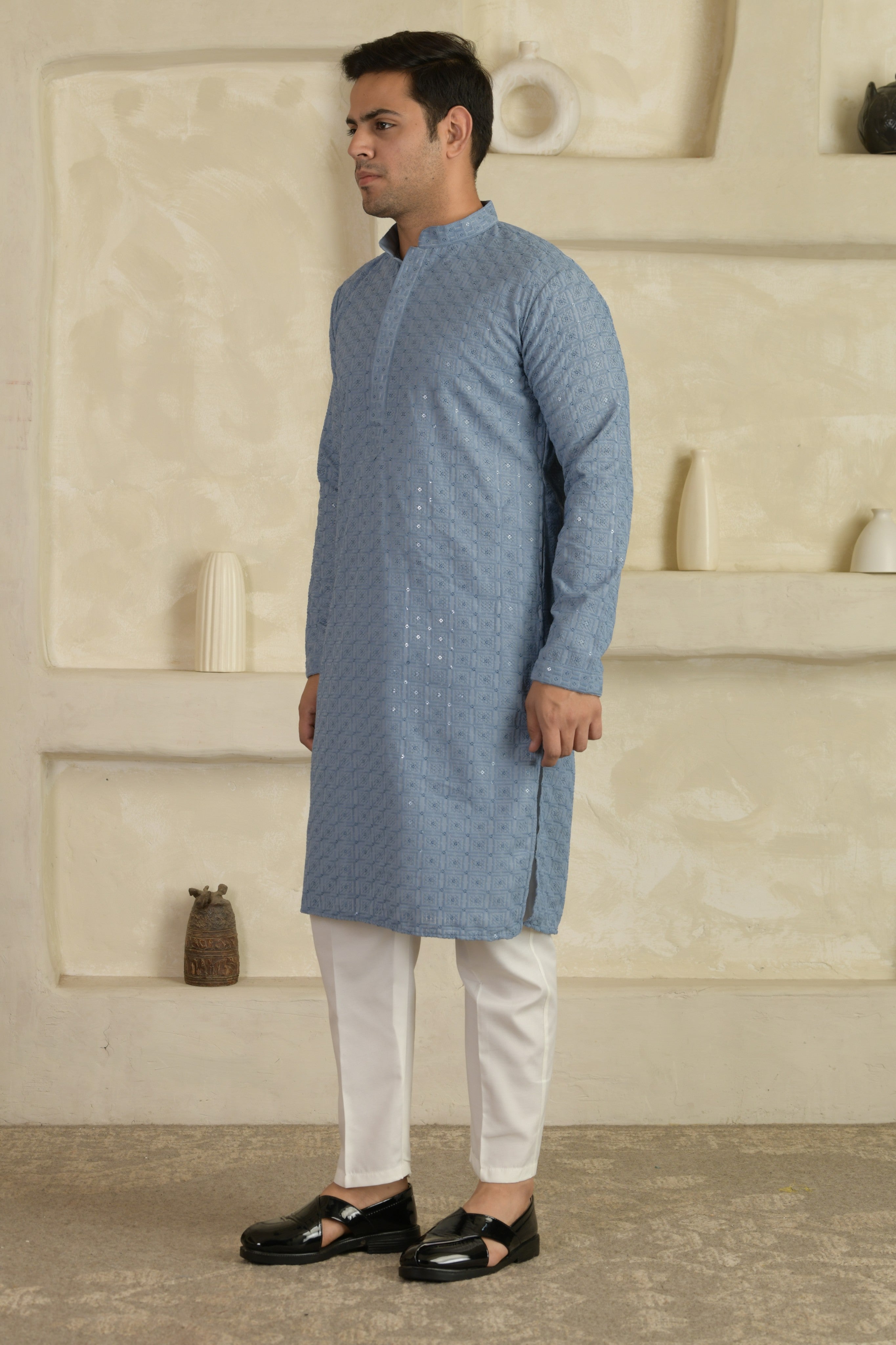 Sea Blue Chevron Embroidered Mandarin Collar Kurta With Pyjamas