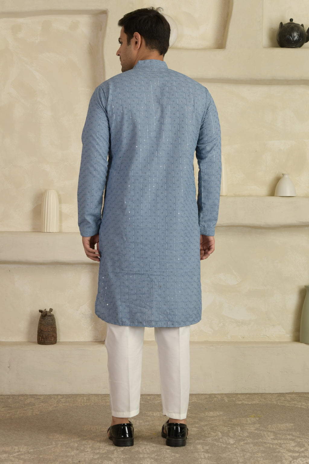 Sea Blue Chevron Embroidered Mandarin Collar Kurta With Pyjamas
