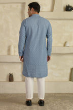 Sea Blue Chevron Embroidered Mandarin Collar Kurta With Pyjamas