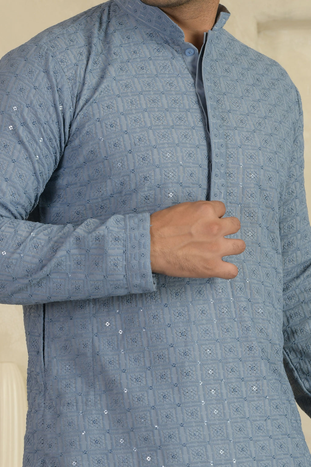 Sea Blue Chevron Embroidered Mandarin Collar Kurta With Pyjamas
