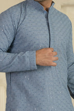 Sea Blue Chevron Embroidered Mandarin Collar Kurta With Pyjamas