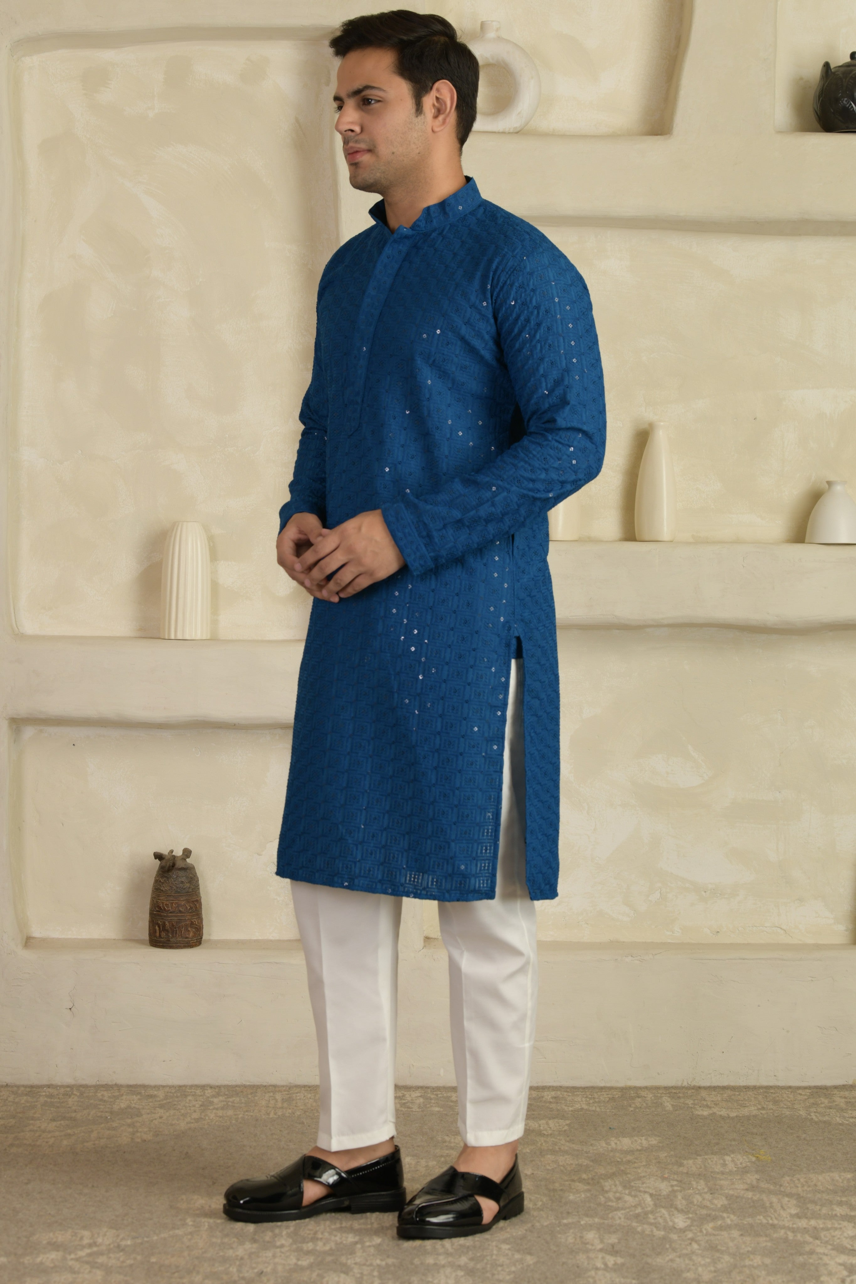 Teal Blue Chevron Embroidered Mandarin Collar Kurta With Pyjamas