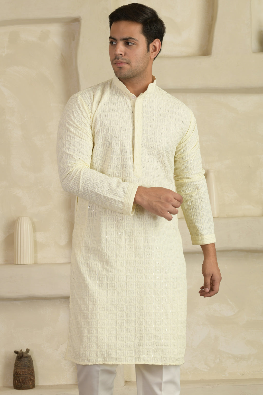 White Chevron Embroidered Mandarin Collar Kurta With Pyjamas