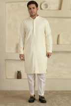 White Chevron Embroidered Mandarin Collar Kurta With Pyjamas