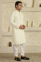 White Chevron Embroidered Mandarin Collar Kurta With Pyjamas