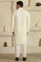 White Chevron Embroidered Mandarin Collar Kurta With Pyjamas