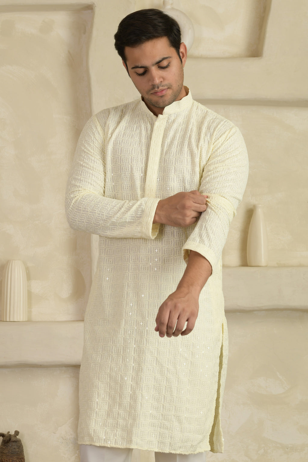 White Chevron Embroidered Mandarin Collar Kurta With Pyjamas