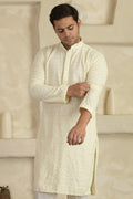 White Chevron Embroidered Mandarin Collar Kurta With Pyjamas