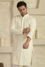 White Chevron Embroidered Mandarin Collar Kurta With Pyjamas