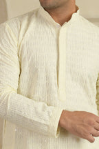 White Chevron Embroidered Mandarin Collar Kurta With Pyjamas