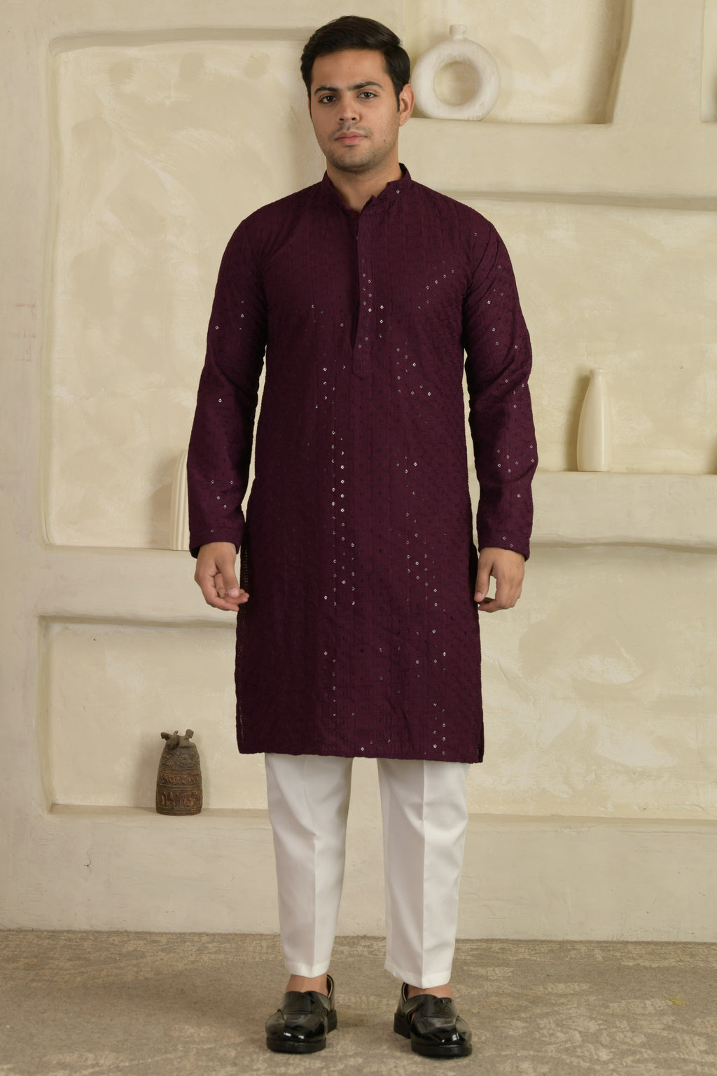 Wine Chevron Embroidered Mandarin Collar Kurta With Pyjamas