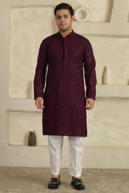Wine Chevron Embroidered Mandarin Collar Kurta With Pyjamas