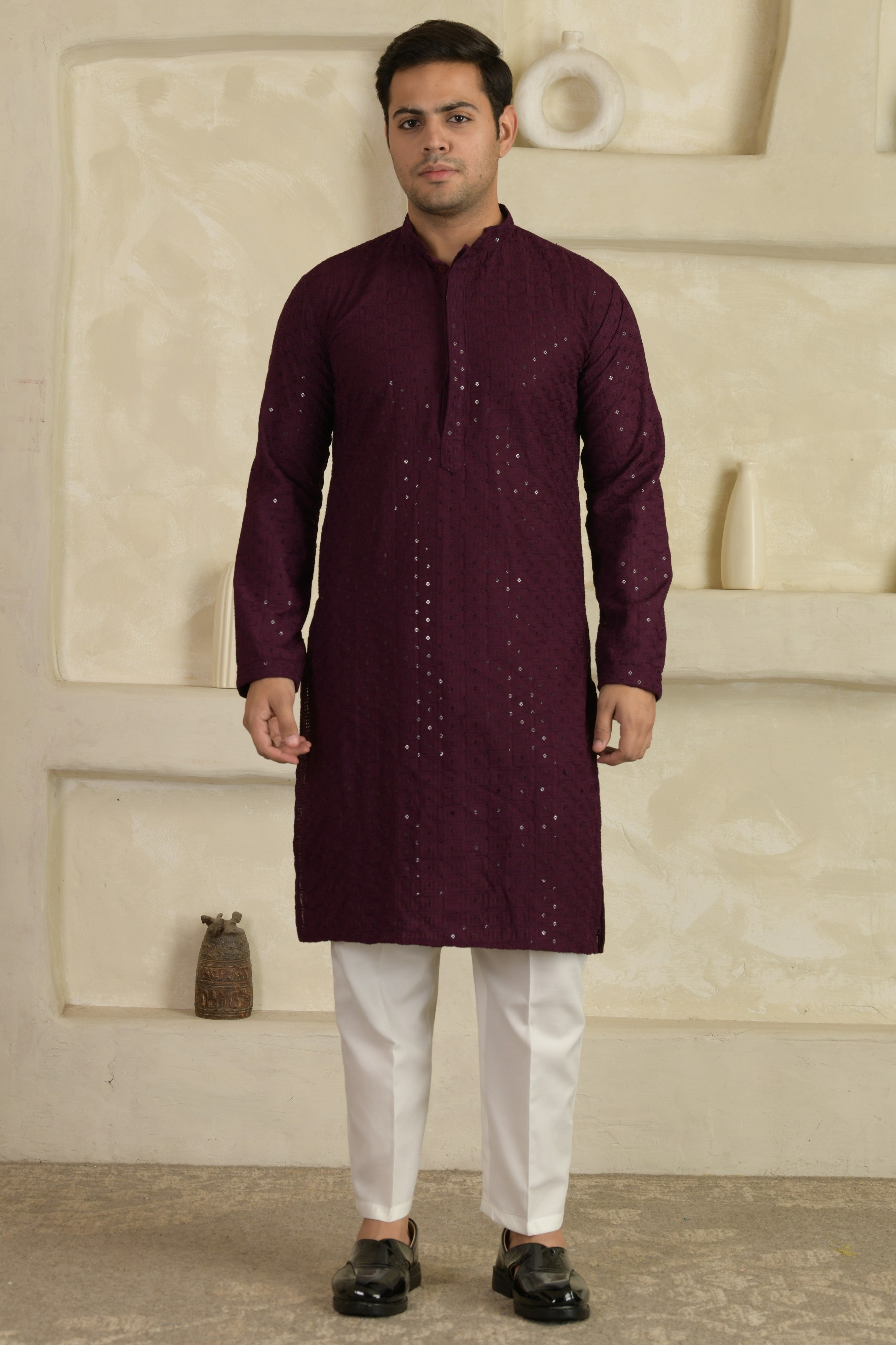 Wine Chevron Embroidered Mandarin Collar Kurta With Pyjamas