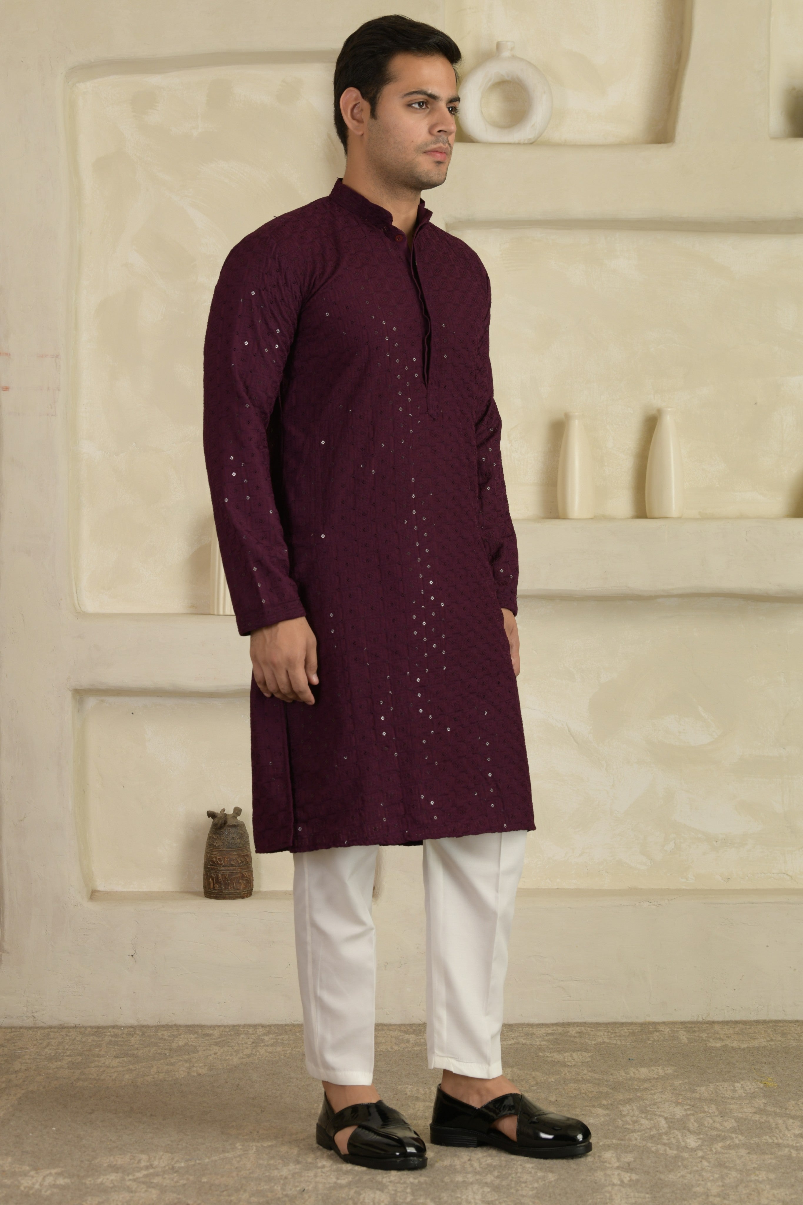 Wine Chevron Embroidered Mandarin Collar Kurta With Pyjamas
